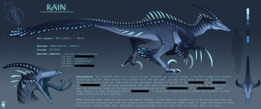 absurdres, claws, commentary, concept_art, dinosaur, english_text, fangs, fantasyartistry, feathered_raptor, feathers, highres, limited_palette, no_eyes, no_humans, original, raptor, reference_sheet, running, simple_background, spikes, tail, teeth, tongue