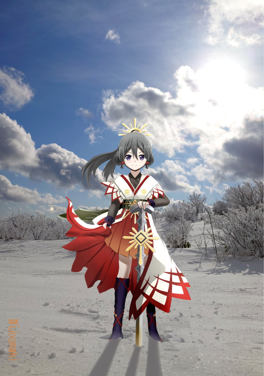 1girl, commentary_request, grey_hair, hair_ornament, hakama, hakama_short_skirt, hakama_skirt, halterneck