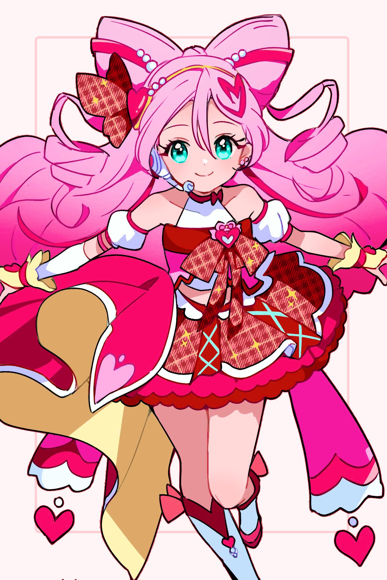 1girl, aqua_eyes, bare_shoulders, boots, bow, bow-shaped_hair, commentary_request, cure_idol