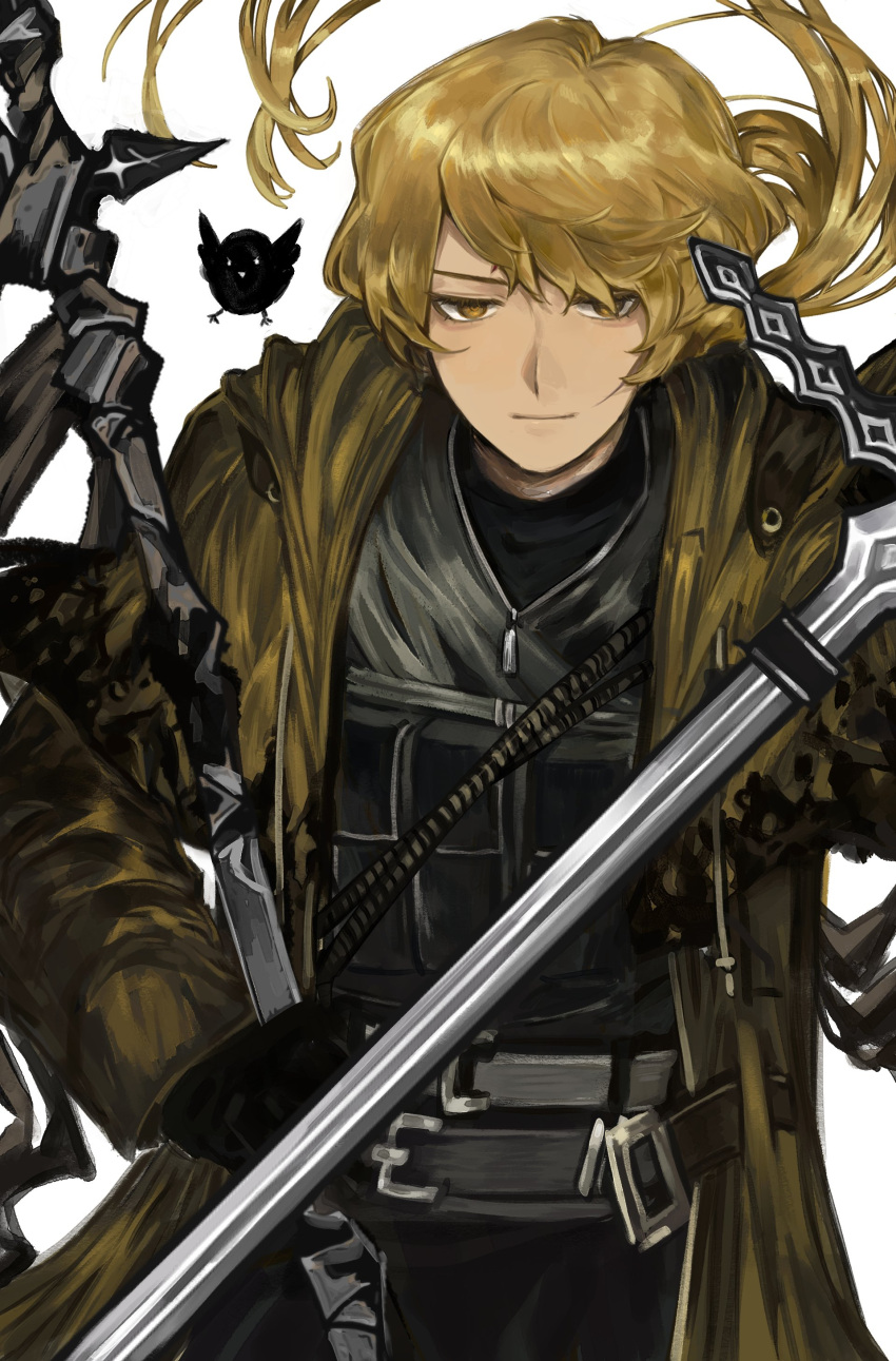 1boy, a_certain_sinclair_(project_moon), absurdres, arm_at_side, belt, belt_buckle, bird, black_gloves