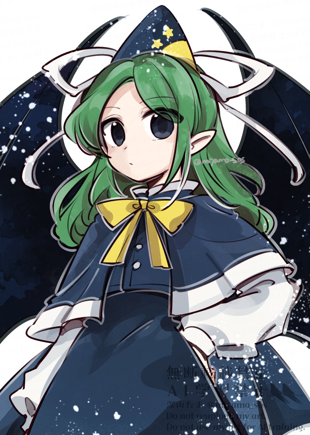 1girl, blue_capelet, blue_dress, blue_hat, bow, bowtie, capelet, commentary_request