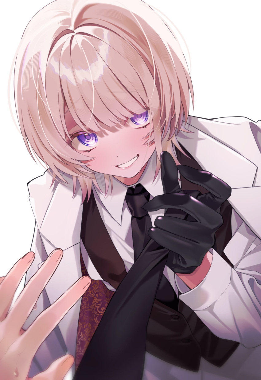 1girl, absurdres, alternate_hair_color, black_gloves, black_necktie, black_vest, blonde_hair, blunt_bangs