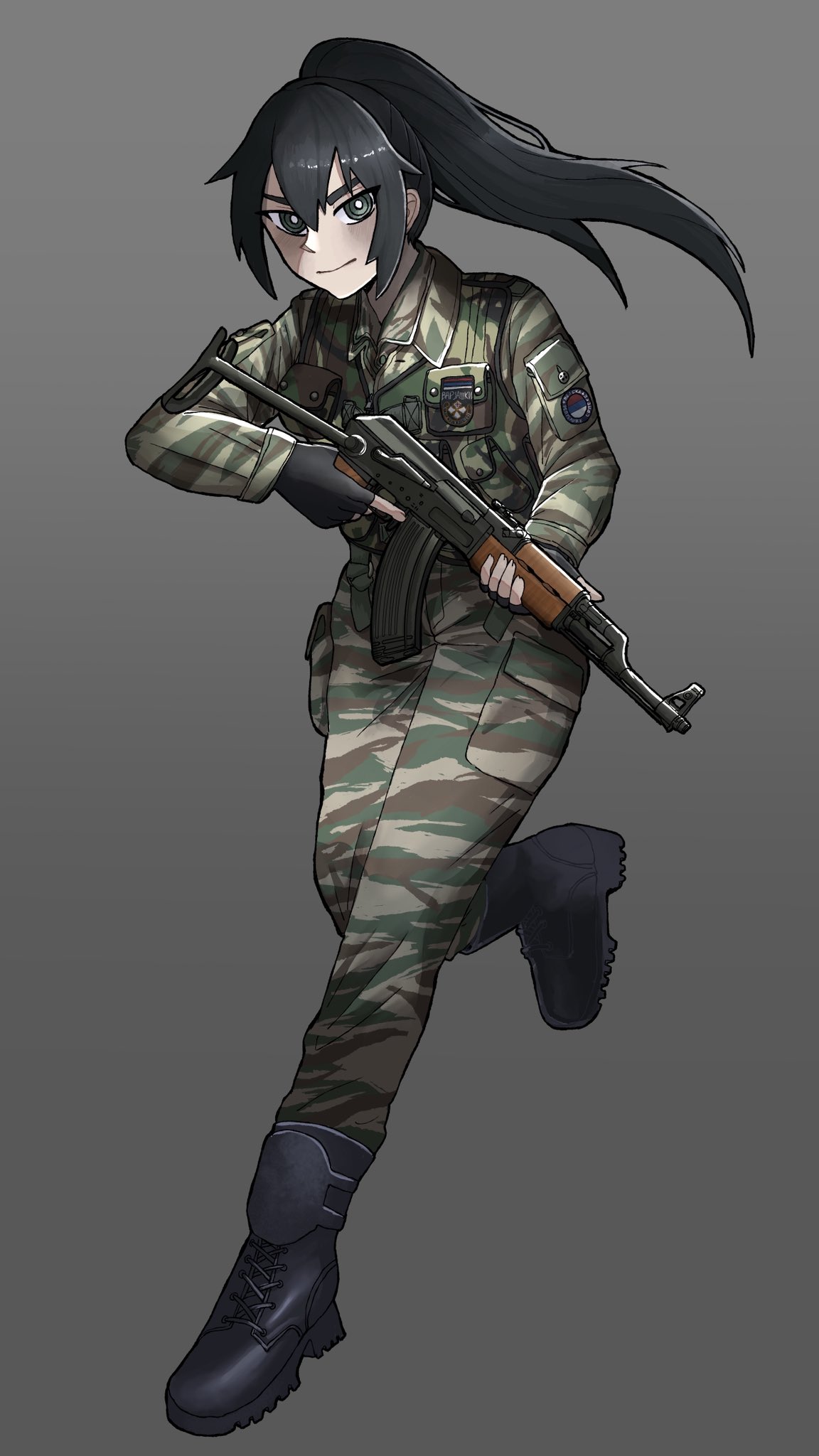 aks-47, black_hair, bosnia_and_herzegovina, green_eyes, highres, jashin_gopnik, ponytail, republika_srpska