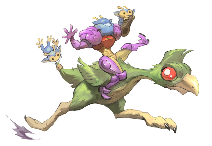 1girl, arm_cannon, armor, blue_fur, clinging, commentary, dachora, english_commentary, etecoon, feathers, garrett_hanna, gravity_suit_(metroid), green_feathers, highres, metroid, pauldrons, power_suit_(metroid), riding, running, samus_aran, shoulder_armor, simple_background, super_metroid, weapon, white_background