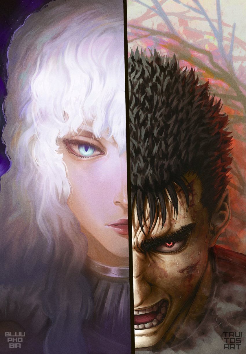 2boys, absurdres, angry, armor, berserk, black_hair, blood, blood_on_face