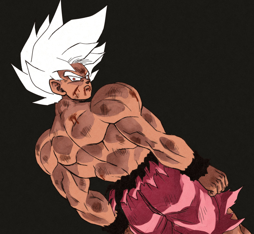 1boy, absurdres, black_background, blood, blood_from_mouth, dragon_ball, dragon_ball_z, from_behind