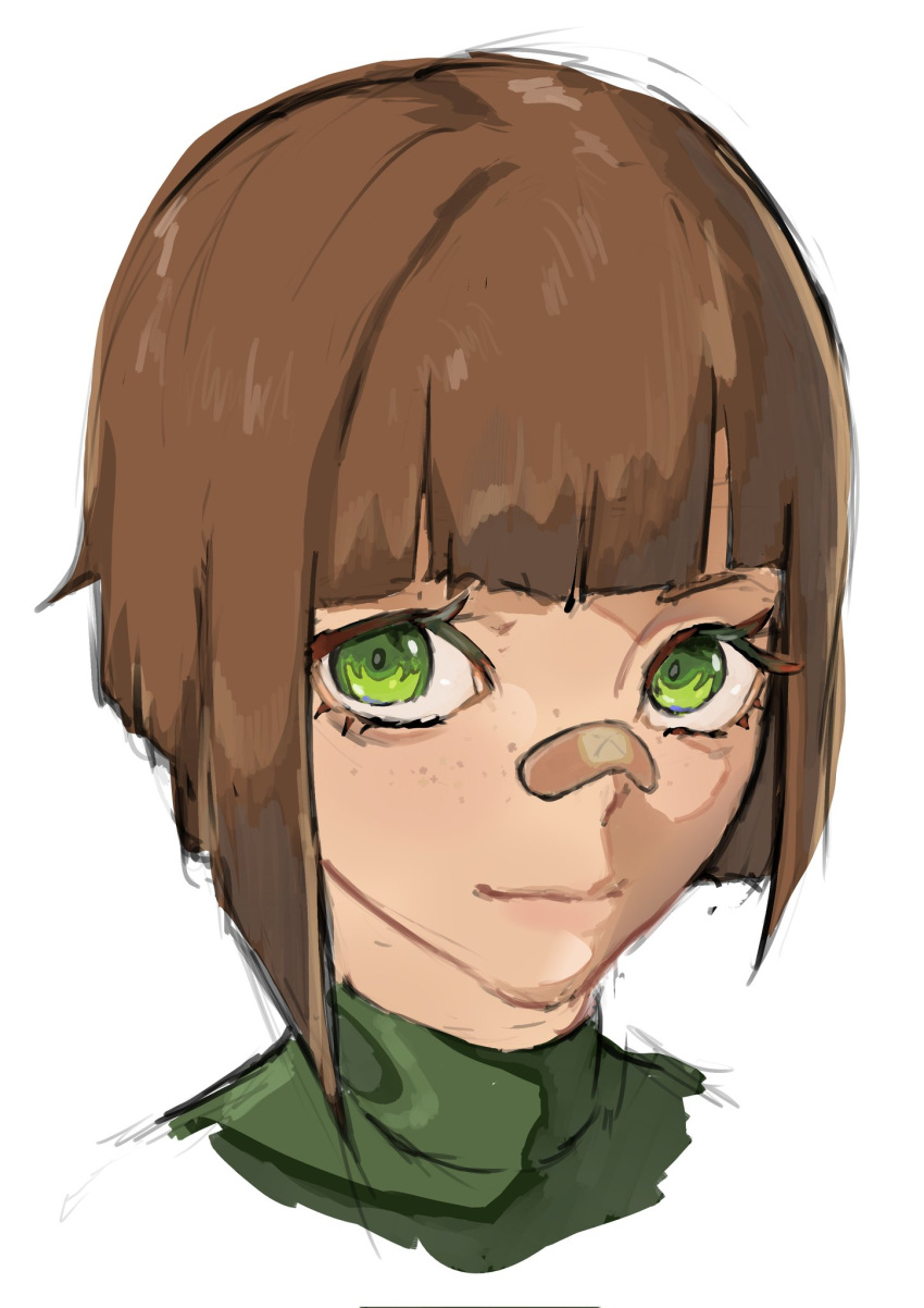 1girl, bandaid, bandaid_on_face, bandaid_on_nose, blunt_bangs, blunt_ends, bob_cut, brown_hair