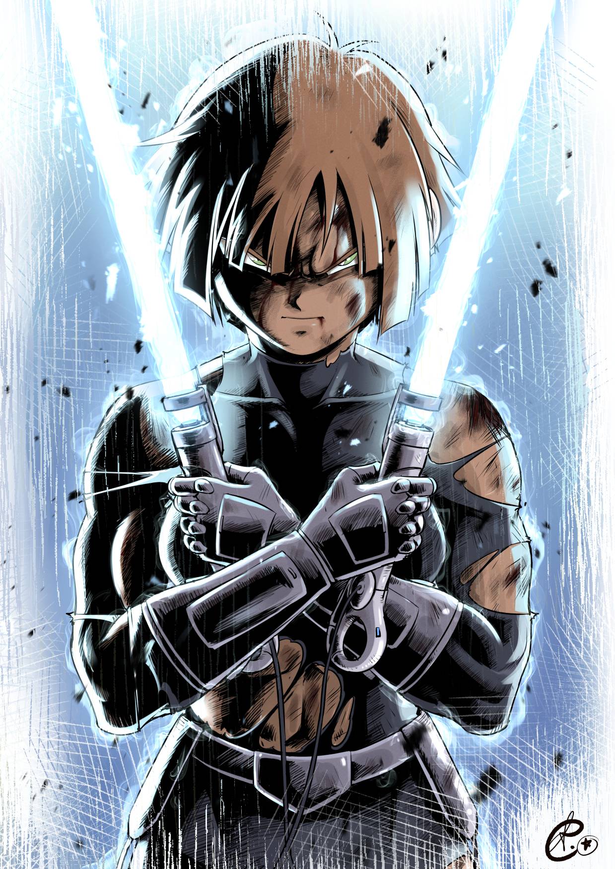 1girl, artist_logo, battle_damage, belt, benoit_picard, black_unitard, blue_aura, blue_light