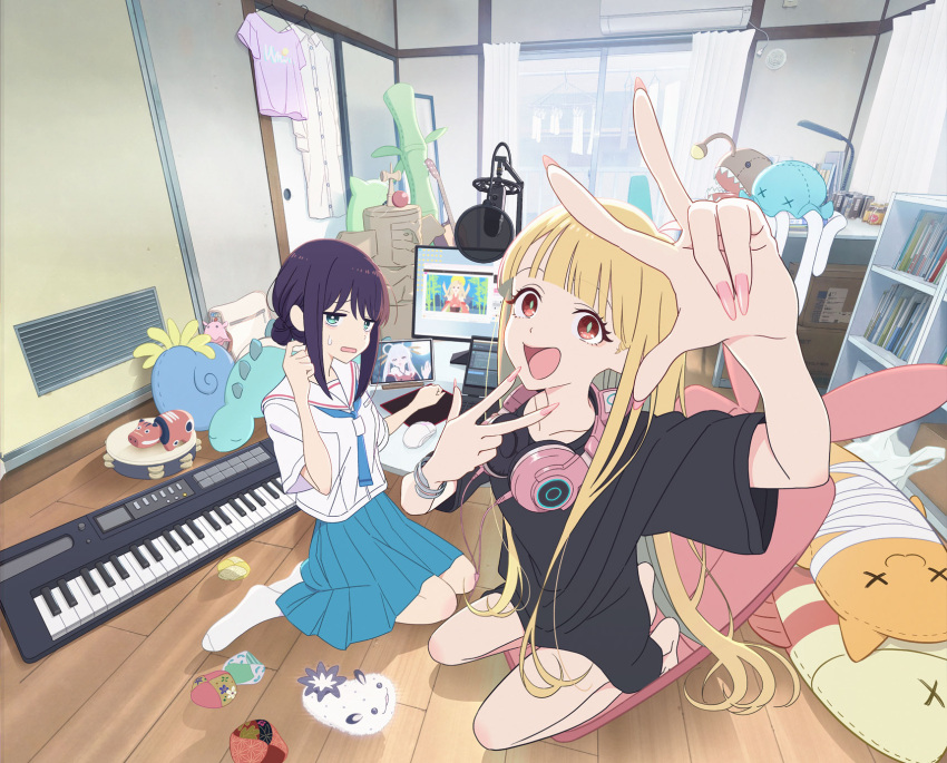 2girls, black_shirt, blonde_hair, chou_kaguya-hime!, computer, green_eyes, hair_bun, headphones, headphones_around_neck, highres, indoors, instrument, iroha_sakayori, kaguya_(chou_kaguya-hime!), keyboard_(instrument), laptop, looking_at_viewer, microphone, multiple_girls, official_art, open_mouth, purple_hair, red_eyes, school_uniform, shirt, stuffed_toy, sweat, t-shirt, third-party_source, v, white_background, yachiyo_runami