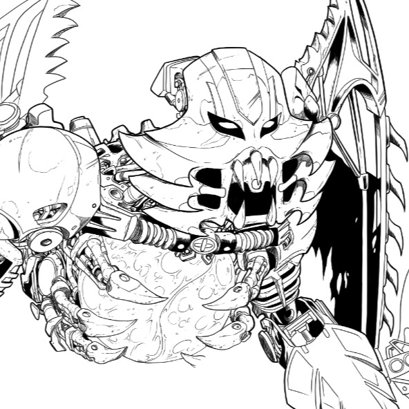 antroz_(bionicle), bionicle, greyscale, humanoid_robot, lineart, looking_ahead, mattikron, mechanical_wings, monochrome, open_mouth, robot, sharp_teeth, simple_background, spanish_commentary, teeth, the_lego_group, unfinished, upper_body, western_comics_(style), white_background, wings