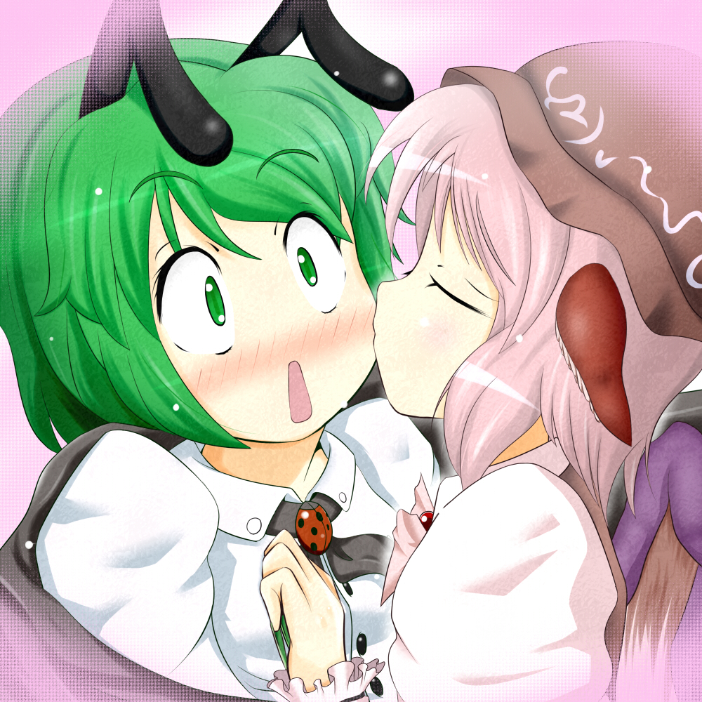animal_ears, antennae, blush, bust, cheek_kiss, close-up, closed_eyes, eyes_closed