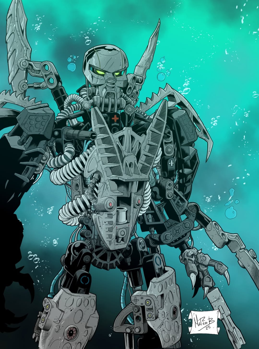 arm_blade, bionicle, claws, cowboy_shot, green_eyes, highres, humanoid_robot, hydraxon_(bionicle), kanohi_(bionicle), looking_ahead, mattikron, robot, science_fiction, signature, solo, spanish_commentary, the_lego_group, underwater, weapon, western_comics_(style)