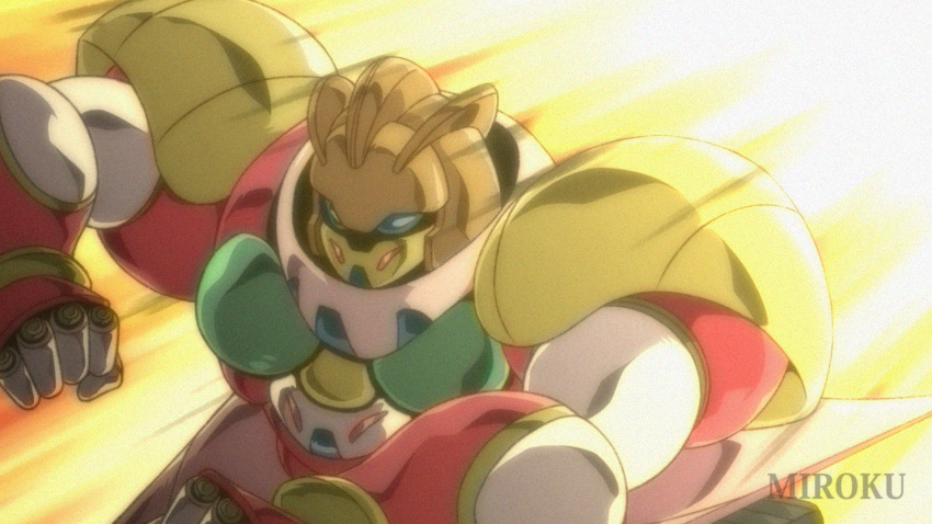 armor, boobplate, commentary_request, getter_kongo, getter_robo, getter_robo_daikessen!, highres, ishikawa_ken_(style), mecha, mecha_focus, miroku_(miroku_t), multicolored_armor, pink_armor, red_armor, robot, robot_girl, solo, super_robot, upper_body, yellow_armor