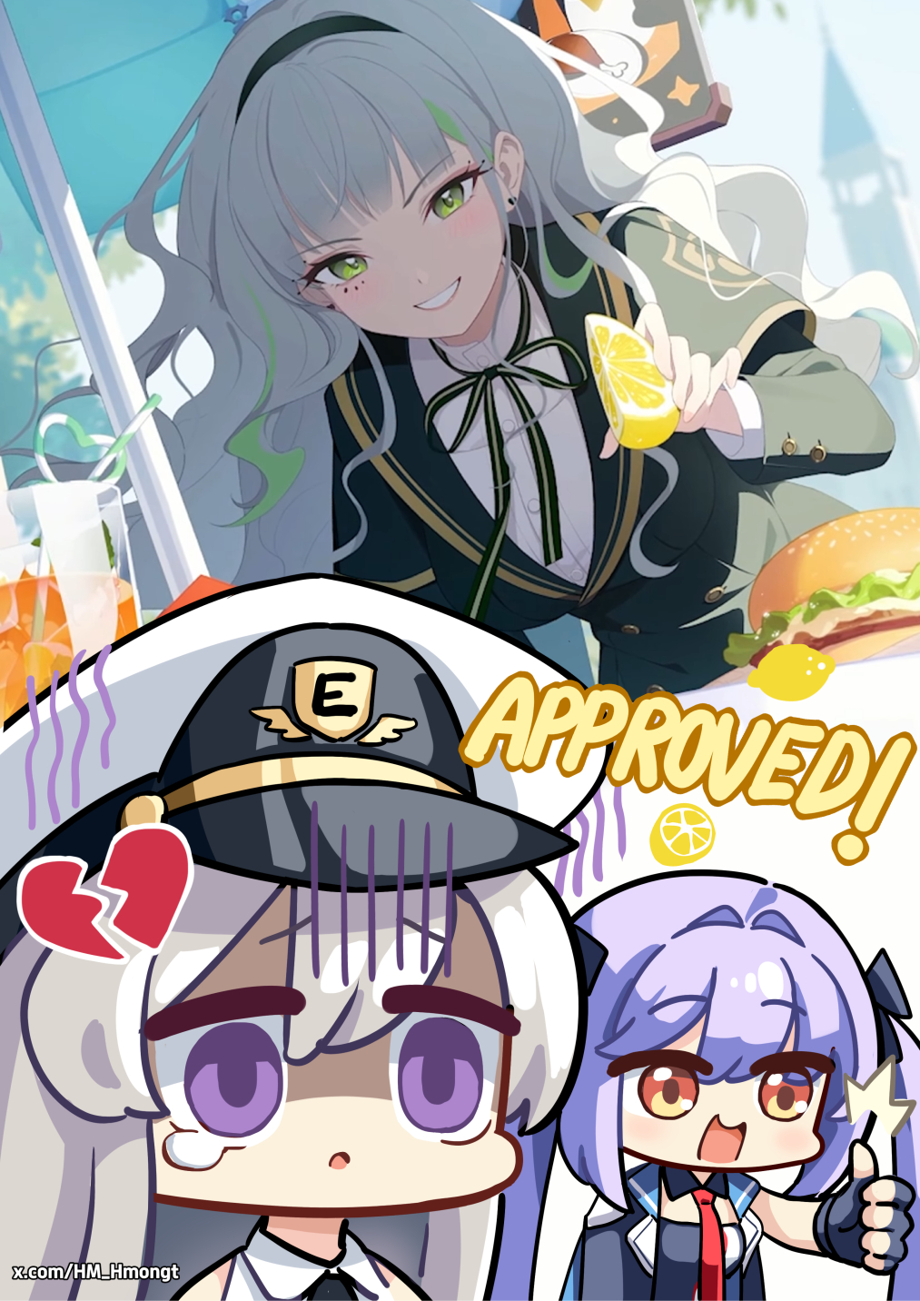3girls, azur_lane, blue_gloves, blue_jacket, broken_heart, burger, chibi, commentary