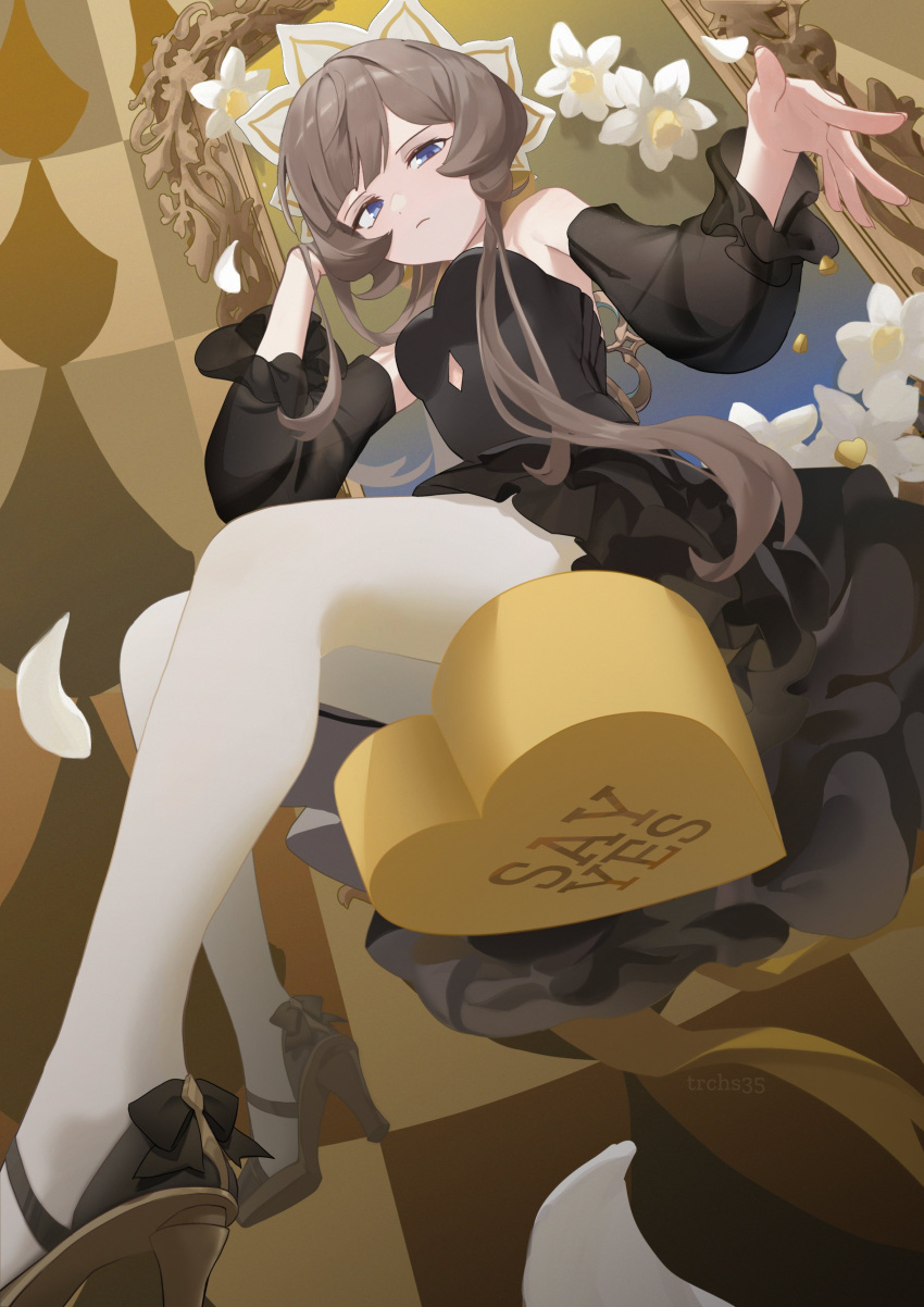 1girl, 69pou, absurdres, alternate_costume, black_dress, black_sleeves, blue_eyes, brown_shoes