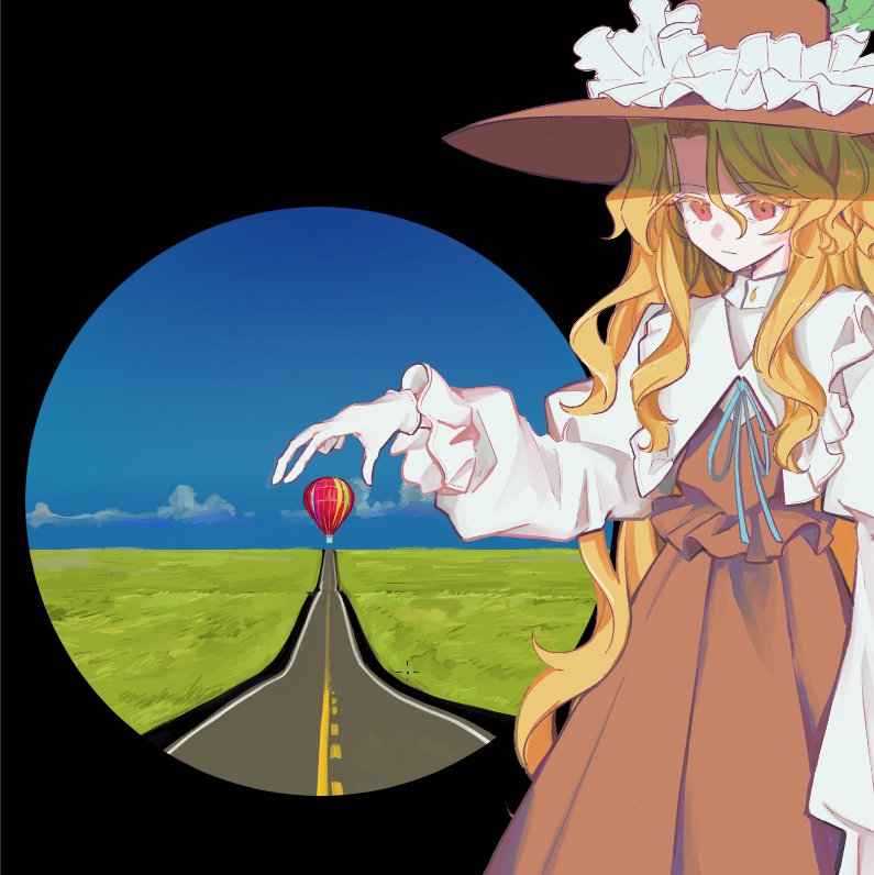 1girl, aircraft, autorefractor_test, balloon, blonde_hair, blue_sky, brown_hat, collared_shirt