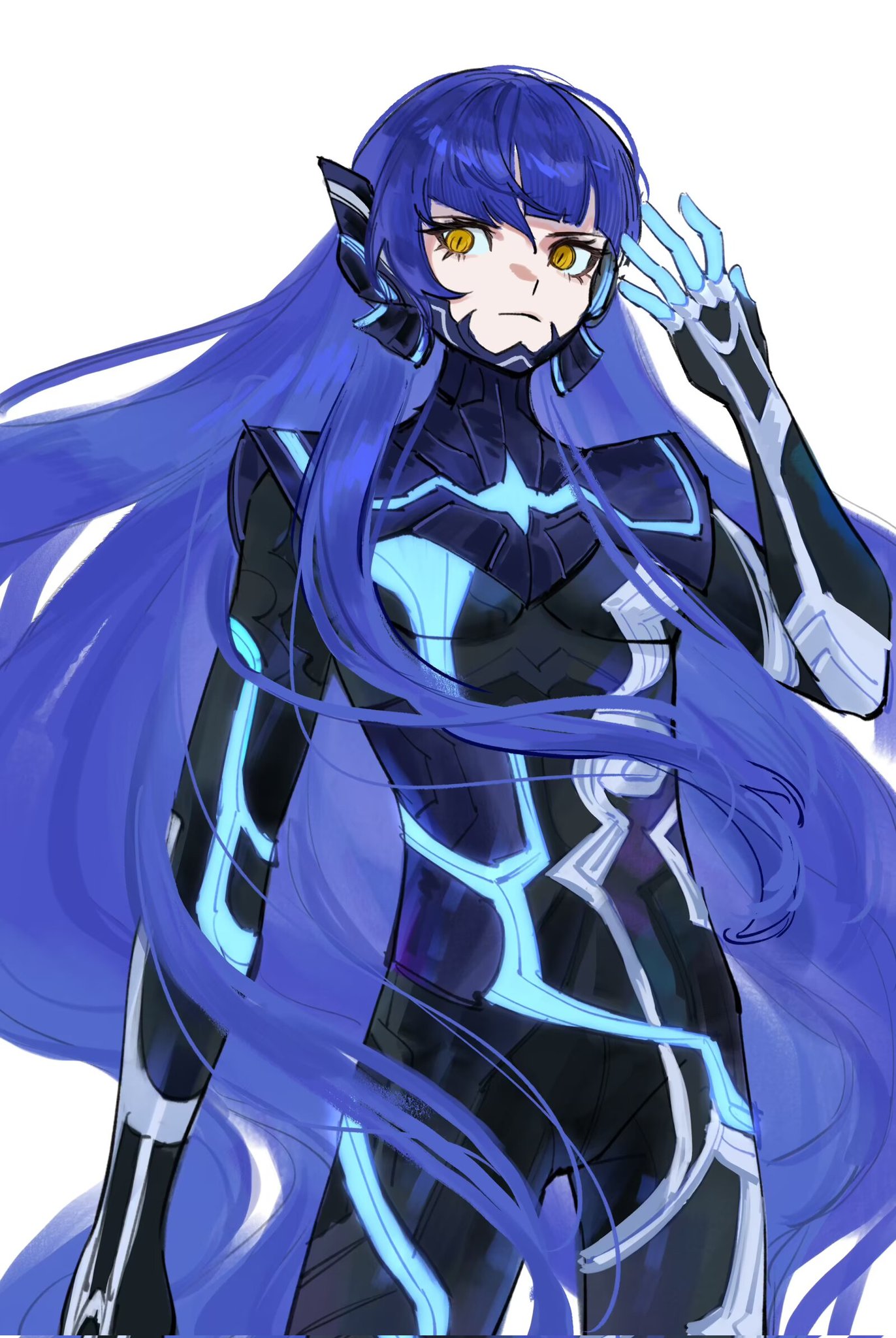 1boy, absurdly_long_hair, arm_up, blue_hair, bodysuit, closed_mouth, eyelashes, floating_hair