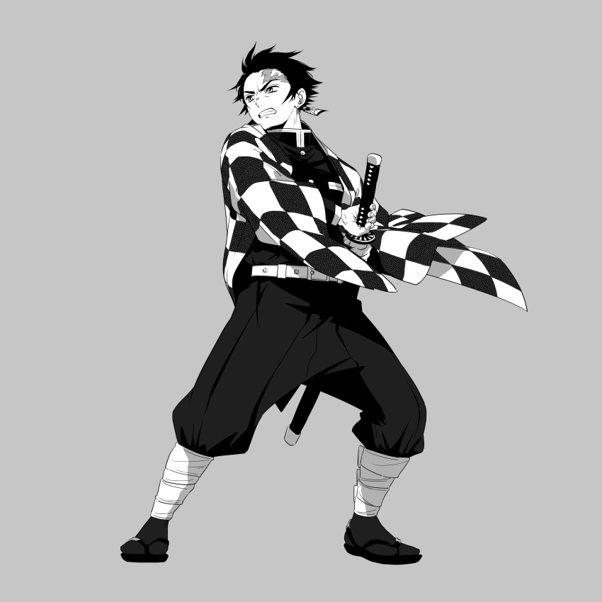 1boy, absurdres, belt, checkered_haori, commentary, dakuonpu, demon_slayer_uniform, earrings
