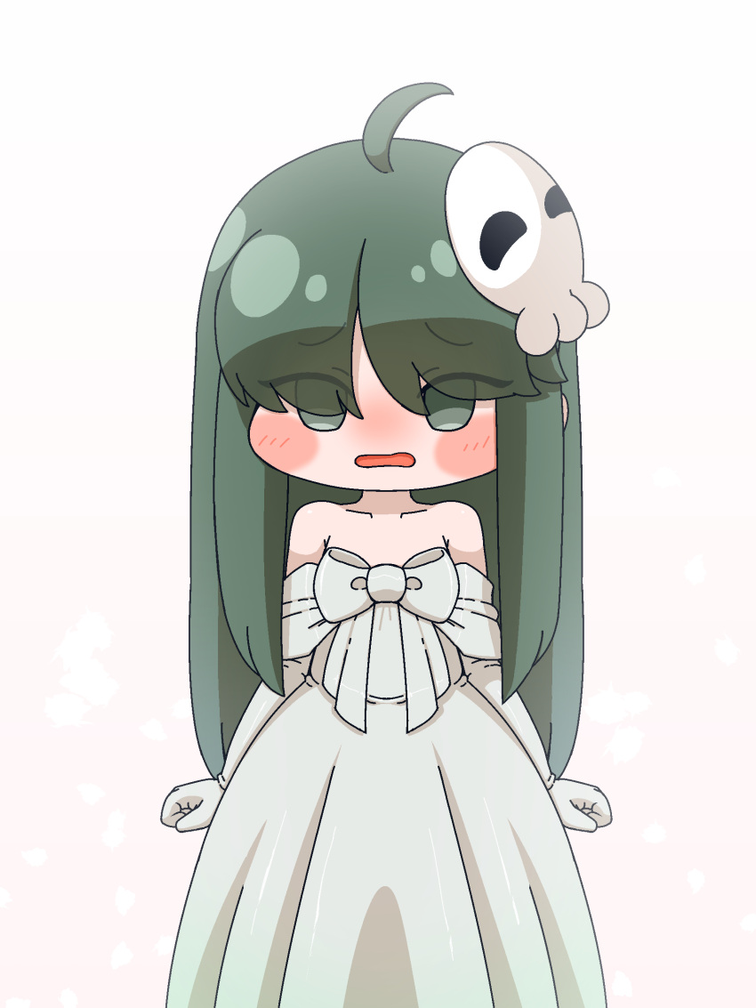 1girl, absurdres, ahoge, bare_shoulders, blush, bride, chibi, chibi_only, commentary_request, dress, drive_line, elbow_gloves, embarrassed, gloves, green_eyes, green_hair, hair_ornament, highres, long_hair, looking_at_viewer, parted_lips, sari_(trickcal), skull_hair_ornament, solo, strapless, strapless_dress, trickcal, very_long_hair, wedding_dress, white_dress, white_gloves