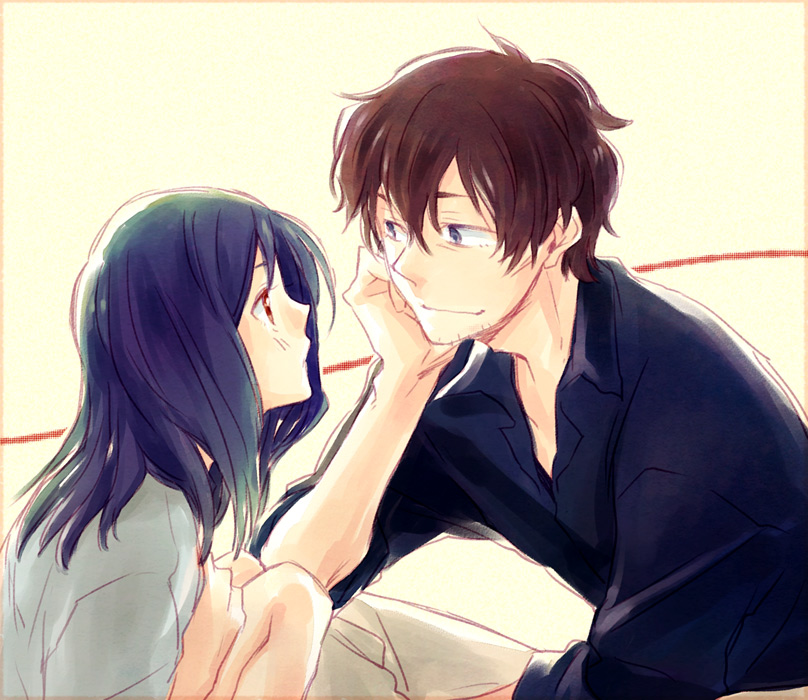 1girl, black_hair, blue_eyes, blush, brown_eyes, brown_hair, couple, facial_hair