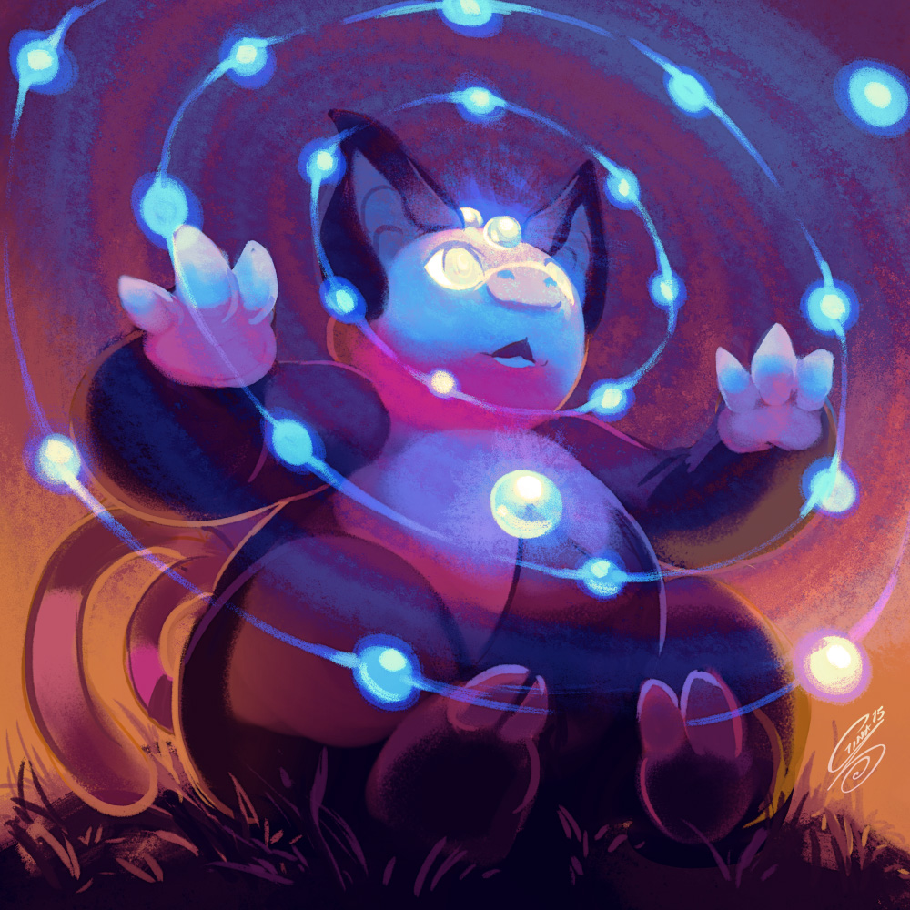 commentary, english_commentary, full_body, gina_chacon, glowing, glowing_eyes, grass, grumpig