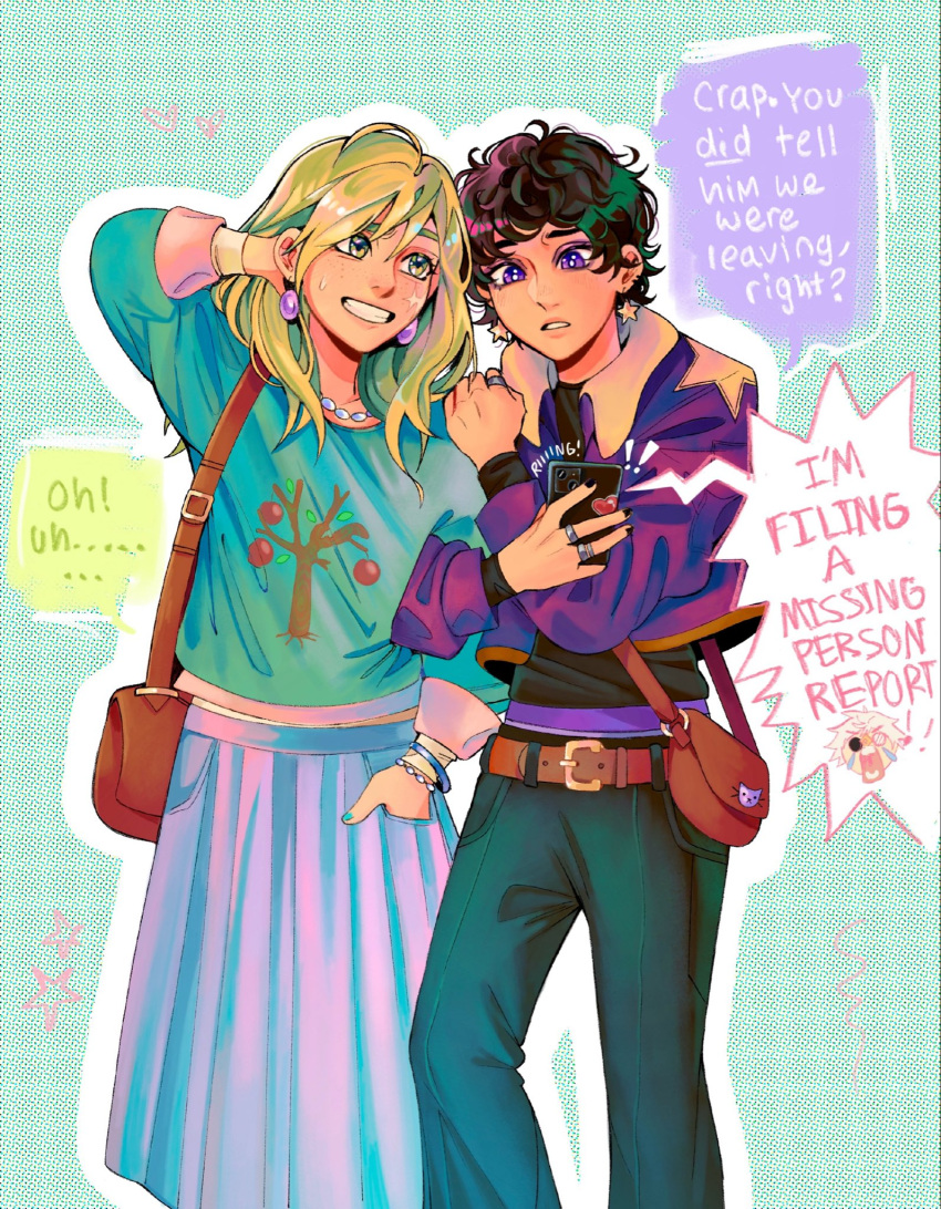 1boy, 2girls, agott_(tongari_boushi_no_atelier), bag, belt, black_hair, black_nails, blonde_hair