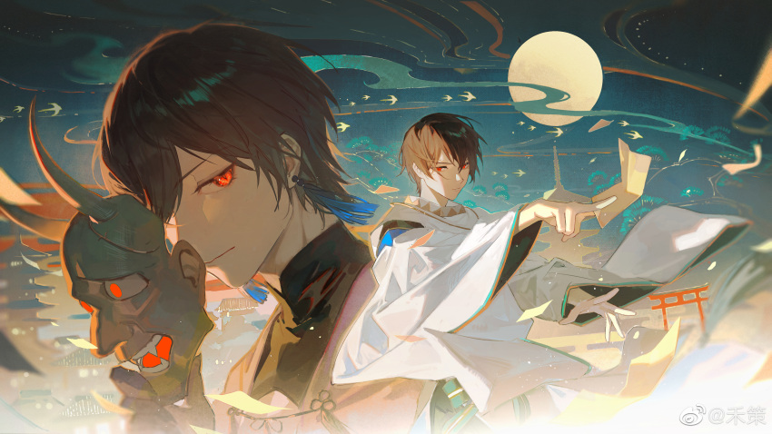 2boys, absurdres, architecture, ayn_alwyn, ayn_alwyn_(oneiric_heian-kyo), between_fingers, bird, black_hair