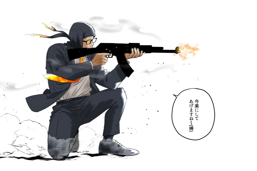 1boy, absurdres, aiming, black_hat, black_jacket, black_suit, commentary_request, dakuonpu