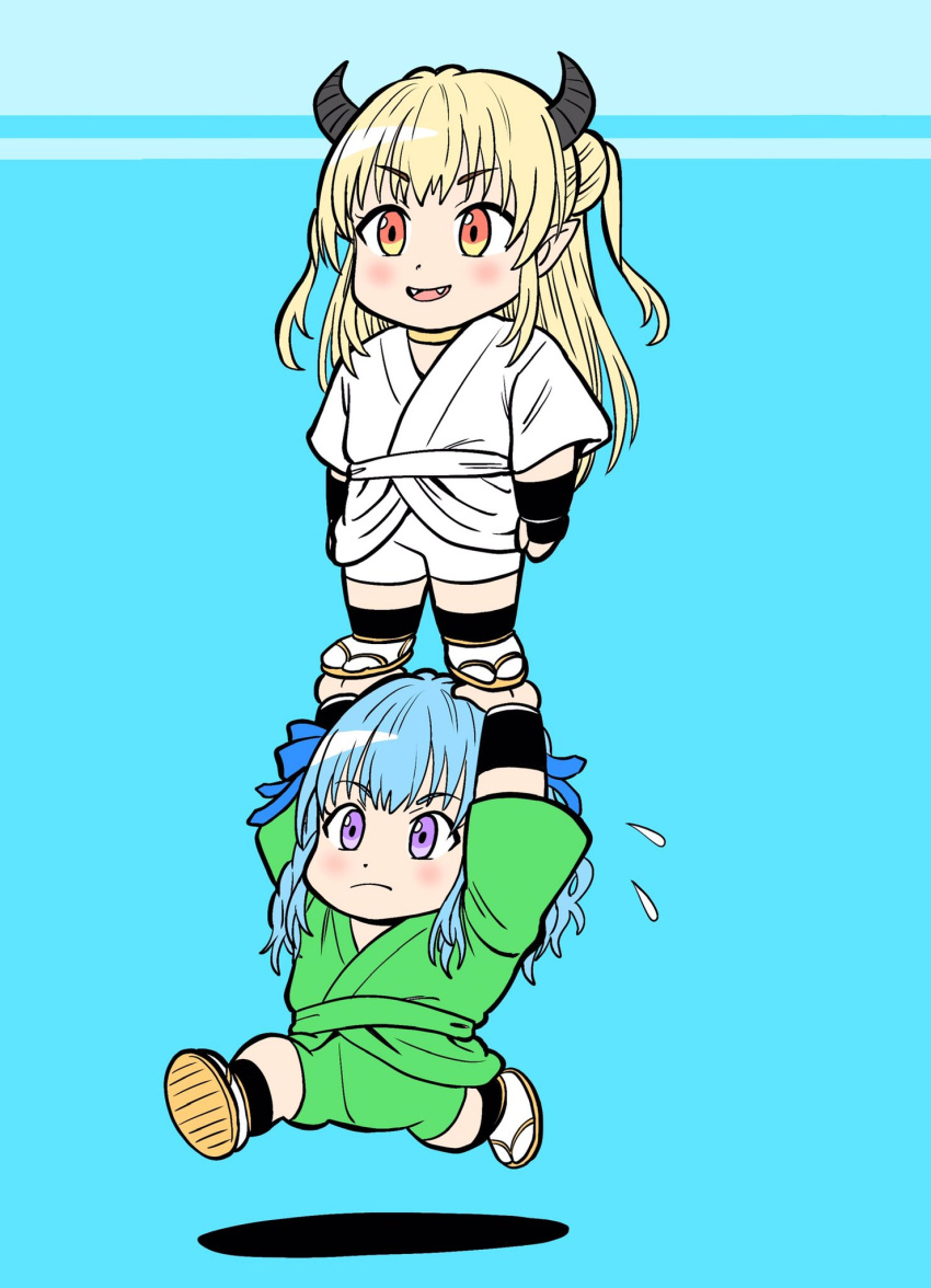 2girls, black_gloves, black_horns, blonde_hair, blue_background, blue_hair, carrying, carrying_overhead, carrying_person, chibi, commentary_request, fangs, fingerless_gloves, flying_sweatdrops, frown, gloves, green_shorts, hair_bun, hair_ribbon, highres, hizuki_kanon, horns, indie_virtual_youtuber, lee_(dragon_garou), long_hair, multiple_girls, open_mouth, orange_eyes, ribbon, ryoka_fuwari, sandals, shorts, smile, socks, two_side_up, violet_eyes, virtual_youtuber, white_shorts, white_socks