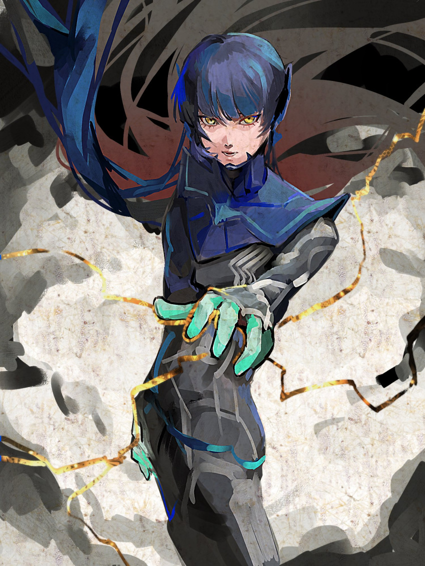 1boy, 4me3ba_niku, androgynous, arm_up, black_bodysuit, blue_hair, blunt_bangs, bodysuit