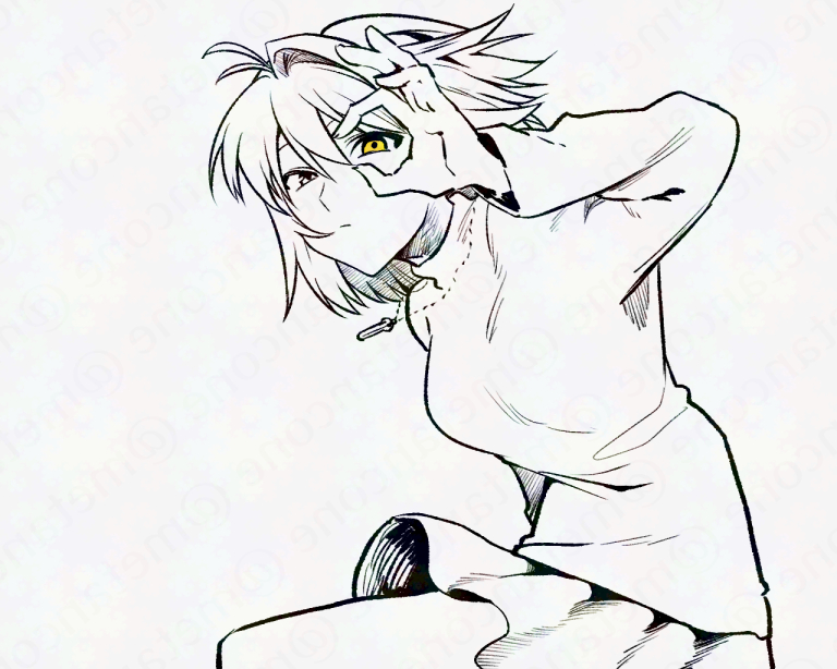 1girl, ahoge, arcueid_brunestud, arm_up, breasts, floating_clothes, floating_hair, gesture