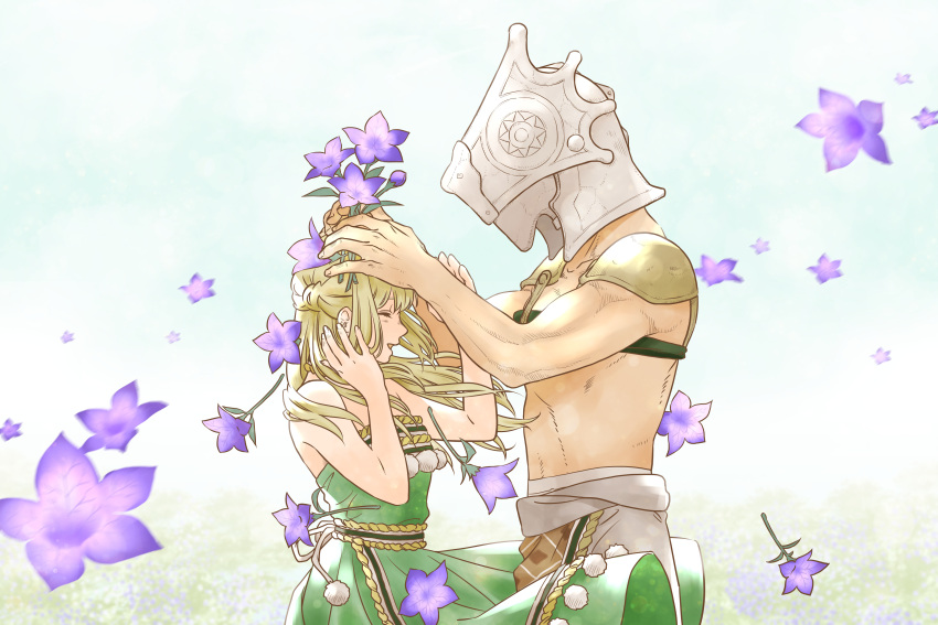 1boy, 1girl, absurdres, armor, blonde_hair, commentary_request, dakuonpu, dress