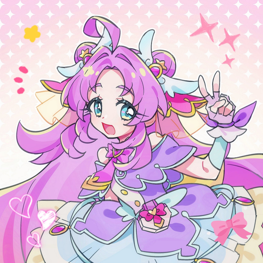 1girl, :d, ahoge, aka_tsy, akechi_anna, aqua_trim, back_bow, bare_shoulders