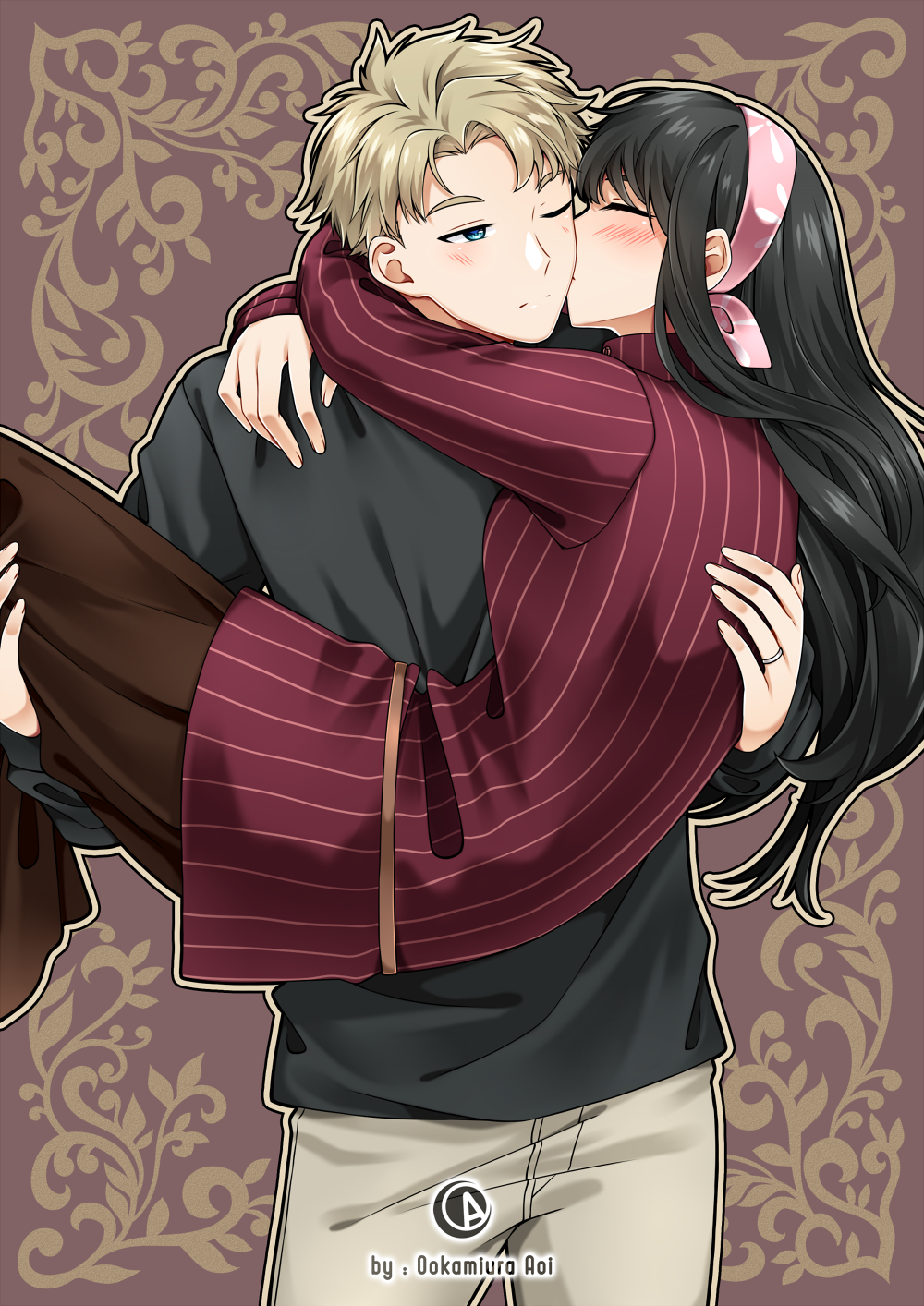 1boy, 1girl, arms_around_neck, artist_logo, artist_name, bandana, black_hair, black_shirt