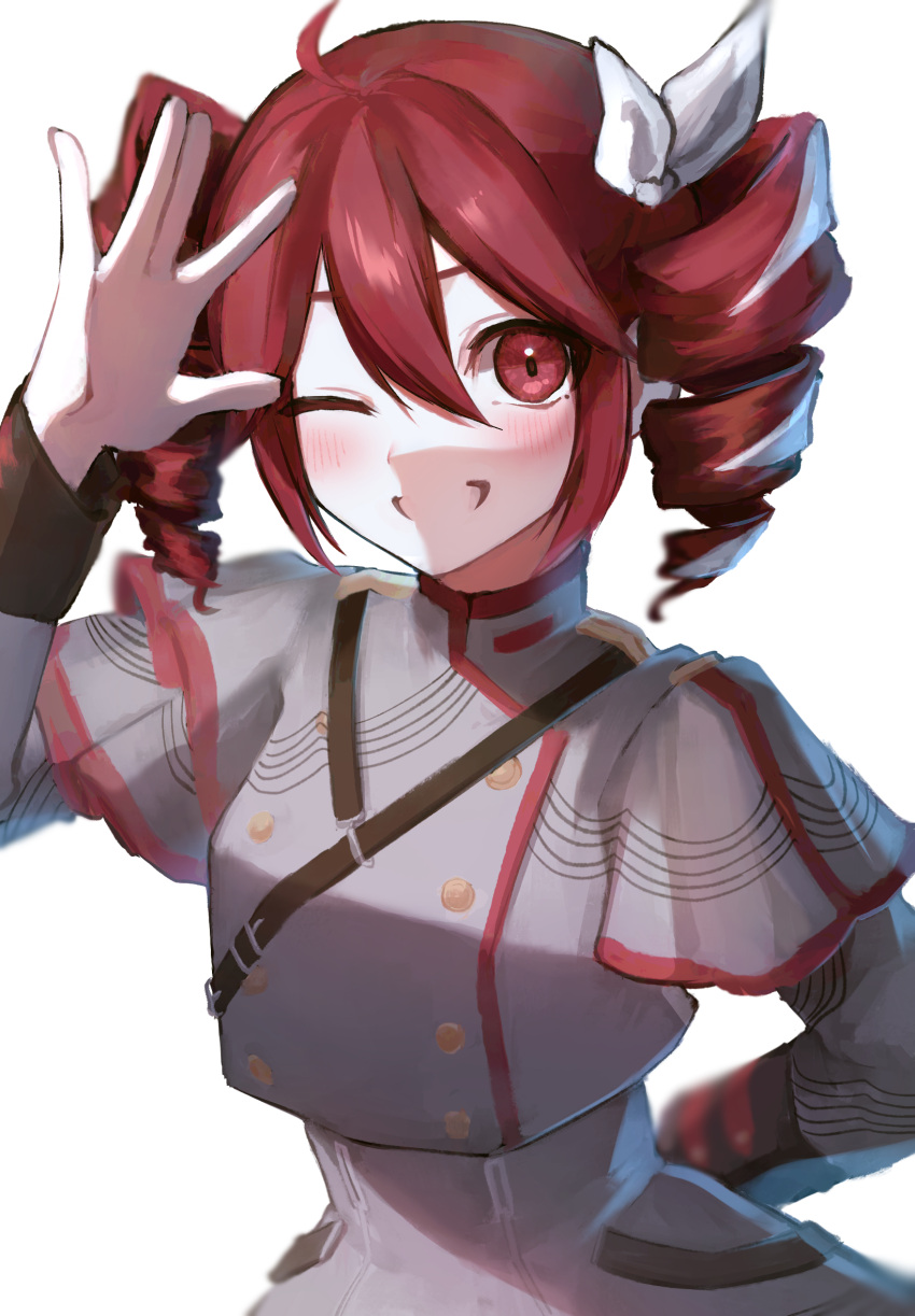 1girl, commentary_request, drill_hair, grey_shirt, grey_skirt, hair_between_eyes, highres, kasane_teto, kasane_teto_(sv), looking_at_viewer, one_eye_closed, pale_skin, red_eyes, red_hair, ribbon, shirt, simple_background, skirt, solo, twin_drills, twintails, upper_body, utau, violet_(mesy4285), white_background, white_ribbon