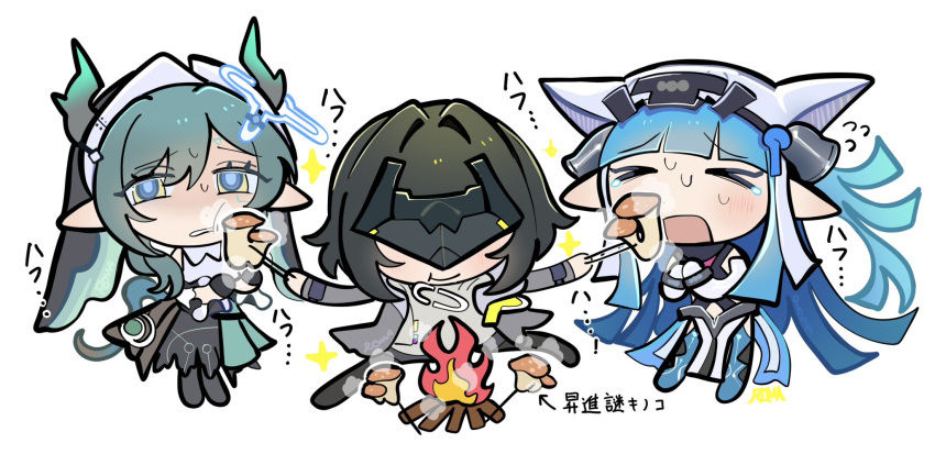 >_<, 3girls, arknights, arknights:_endfield, arrow_(symbol), bell, black_dress, black_hair, black_veil, blue_hair, chibi, chibi_only, chopsticks, closed_eyes, closed_mouth, dress, endministrator_(arknights), eye_mask, feeding, female_endministrator_(arknights), fire, flying_sweatdrops, full_body, gameplay_mechanics, hair_bell, hair_ornament, hat, highres, holding, holding_chopsticks, horns, last_rite_(arknights), long_hair, mask, multiple_girls, mushroom, open_mouth, pointy_ears, ro0o003, short_hair, smile, sparkle, standing, sweat, tearing_up, translation_request, veil, very_long_hair, white_background, white_hat, xaihi_(arknights)