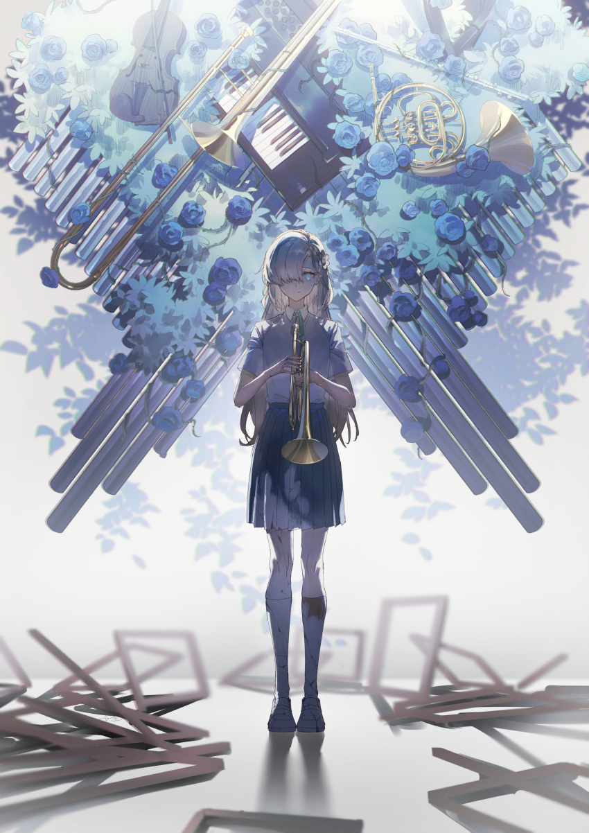1girl, absurdres, broken_picture_frame, collared_shirt, commentary, expressionless, flute, french_horn, full_body, green_ribbon, grey_hair, hair_over_one_eye, highres, holding, holding_instrument, holding_trumpet, instrument, isekaijoucho, kamitsubaki_studio, keyboard_(instrument), kneehighs, loafers, long_hair, looking_at_viewer, neck_ribbon, one_eye_covered, picture_frame, pleated_skirt, ribbon, school_uniform, shirt, shoes, short_sleeves, skirt, socks, solo, standing, surreal, trombone, trumpet, violin, virtual_youtuber, walluka, white_shoes