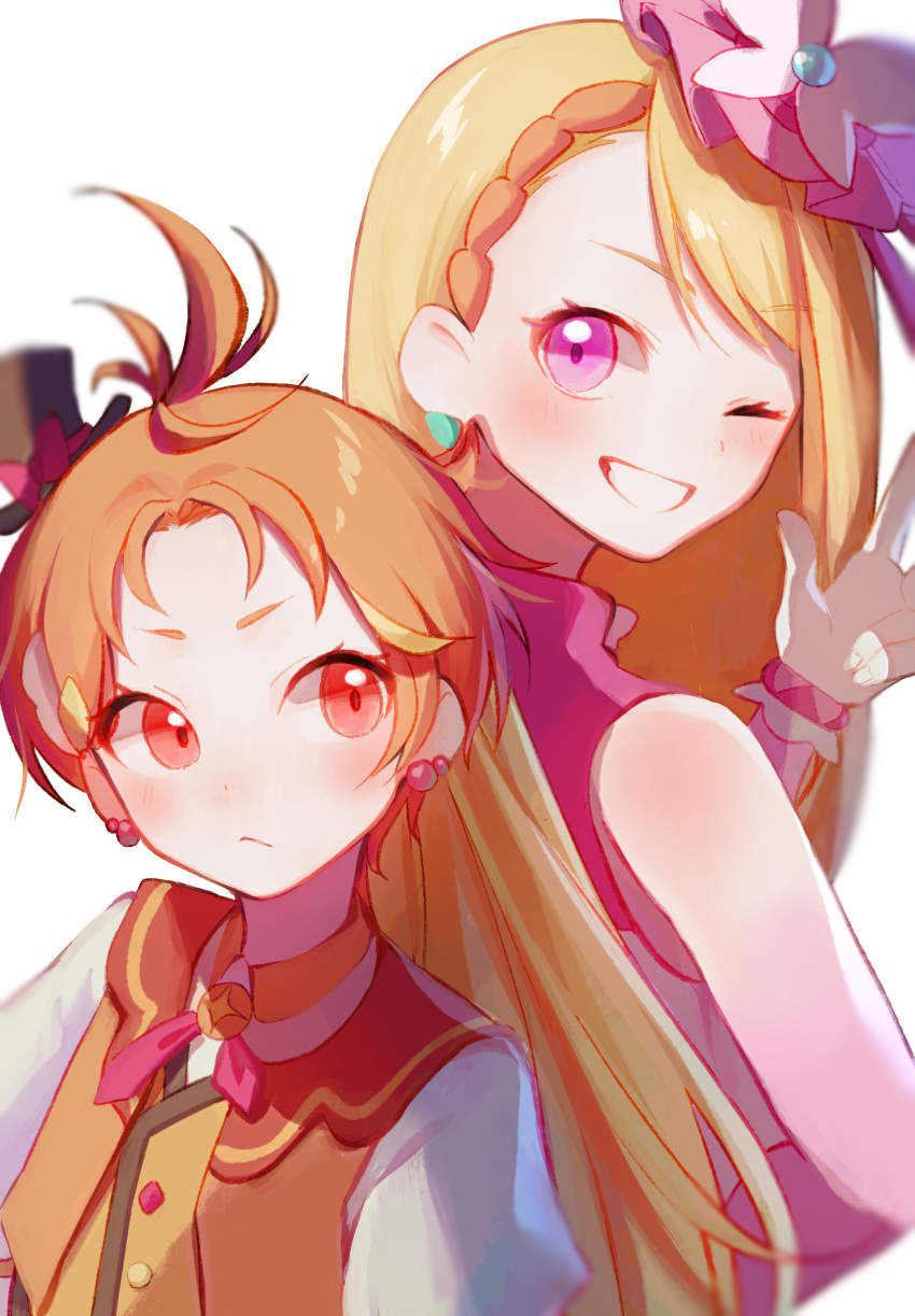 1boy, 1girl, blonde_hair, braid, commentary_request, cure_butterfly, cure_wing, earrings
