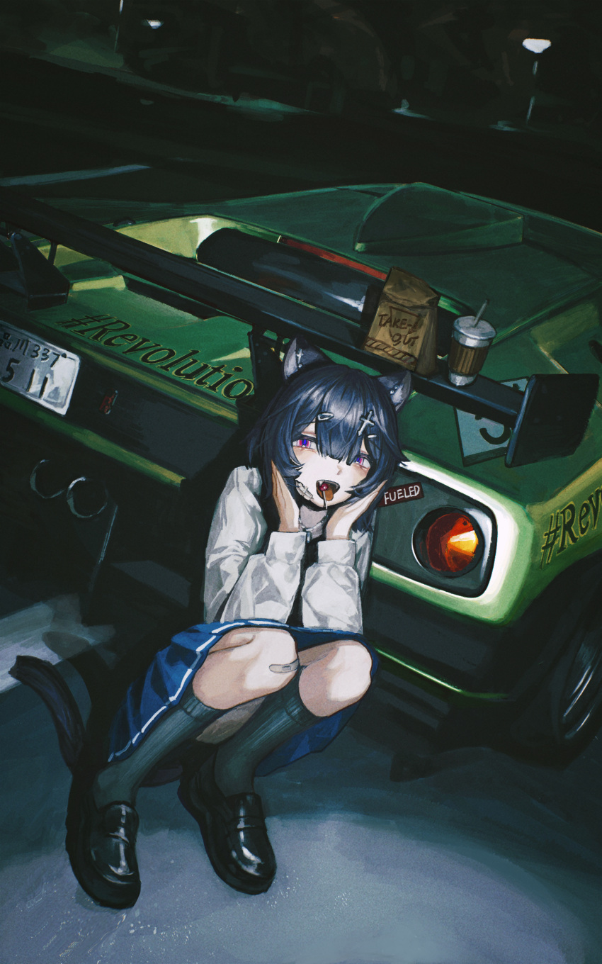 1girl, absurdres, animal_ear_piercing, animal_ears, bandaid, bandaid_on_cheek, bandaid_on_face, black_hair