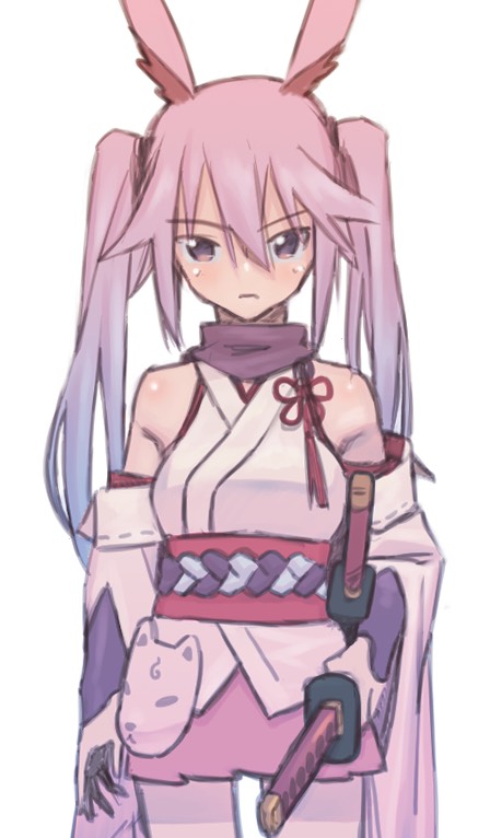 1girl, alternate_hairstyle, animal_ears, closed_mouth, commentary, detached_sleeves, fox_ears, fox_mask, holding, holding_sword, holding_weapon, honkai_(series), honkai_impact_3rd, japanese_clothes, katana, kimono, long_hair, looking_at_viewer, mask, matsushita_yuubin, nontraditional_miko, obi, pink_hair, pink_skirt, sash, sheath, sheathed, short_kimono, simple_background, skirt, solo, sword, twintails, violet_eyes, weapon, white_background, white_kimono, white_sleeves, yae_sakura, yae_sakura_(gyakushinn_miko)
