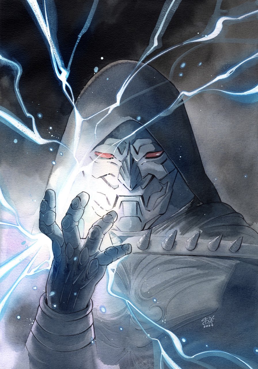 armor, black_background, commentary_request, dated, doctor_doom, doom_2099, gauntlets, gradient_background