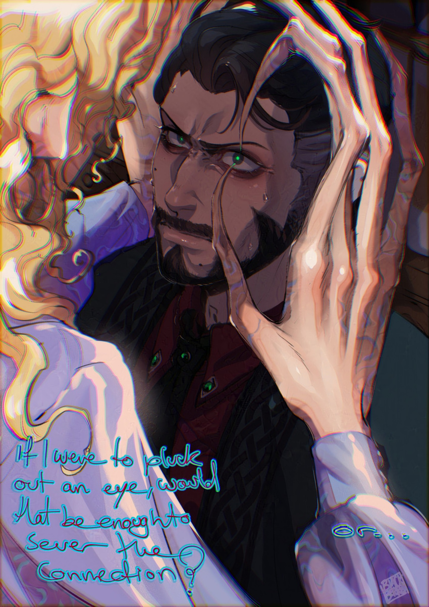 2boys, black_hair, blackberreh-art, blonde_hair, commentary, crow's_feet, curly_hair, design_speculation