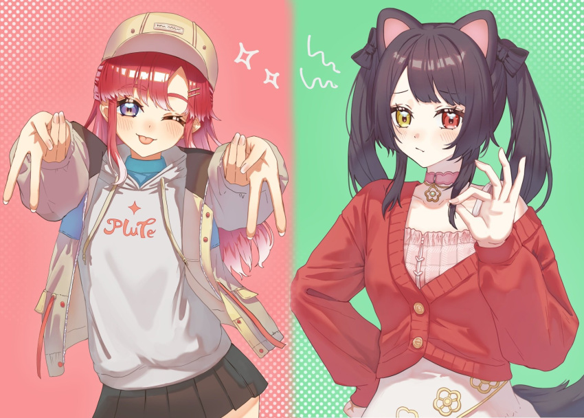 2girls, :p, animal_ears, asymmetrical_bangs, baseball_cap, blush, bow, brown_bow