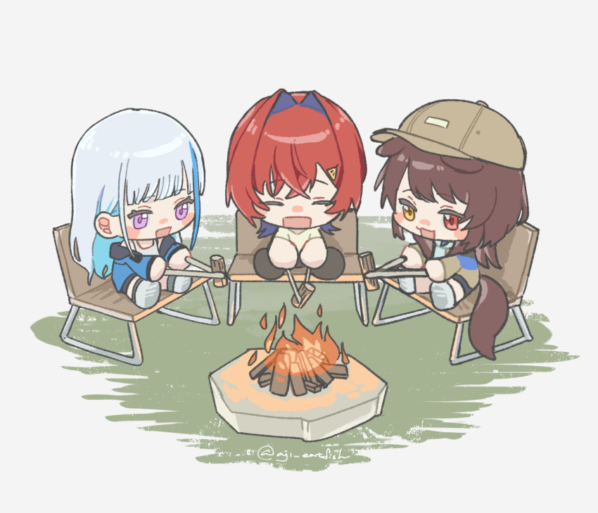 3girls, :d, aji_(eatfishfly), ange_katrina, ange_katrina_(casual), animal_ears, baseball_cap, blue_hair