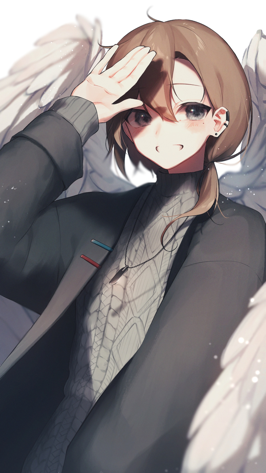 1boy, absurdres, androgynous, angel_wings, black_coat, blush, brown_hair, coat, commentary_request, earrings, feathered_wings, grey_sweater, grin, highres, jewelry, kanae_(8th_costume)_(nijisanji), kanae_(nijisanji), light_particles, long_hair, long_sleeves, looking_at_viewer, male_focus, necklace, nijisanji, smile, solo, sweater, trap, upper_body, violet_(mesy4285), virtual_youtuber, white_wings, wings