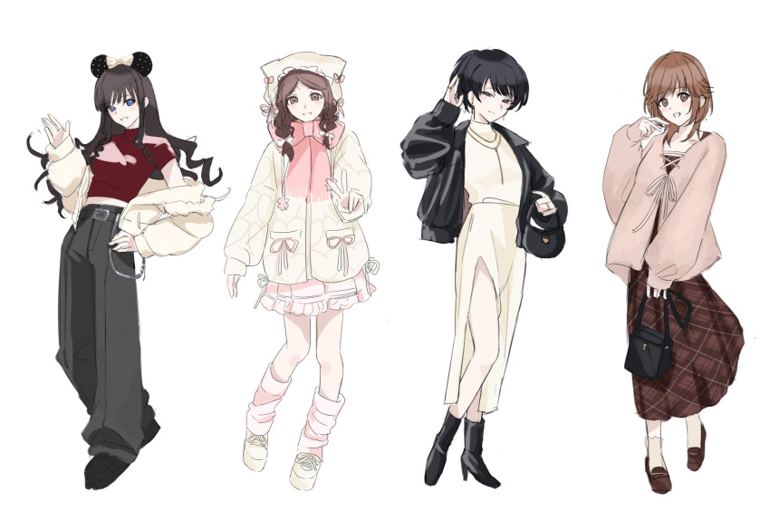 4girls, alternate_costume, amagami, bag, black_boots, black_eyes, black_hair, black_jacket