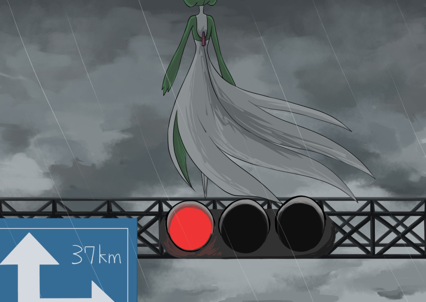 1girl, arms_at_sides, arrow_(symbol), back, clouds, cloudy_sky, colored_skin, facing_away
