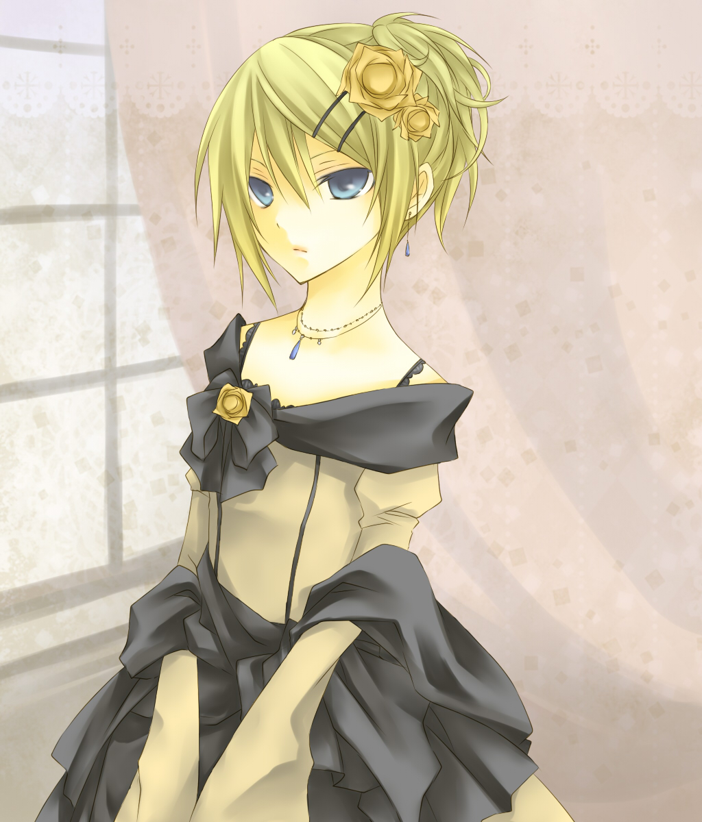 aku_no_meshitsukai_(vocaloid), aku_no_musume_(vocaloid), blonde_hair, blue_eyes, crossdressinging, curtains, dress, earrings
