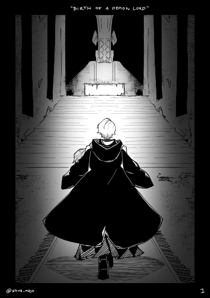 2boys, black_border, boots, border, carpet, carrying, commentary, english_commentary, english_text, facing_away, from_behind, full_body, greyscale, hakama, highres, holostars, holostars_english, hood, hood_down, hooded_coat, indoors, japanese_clothes, kishido_temma, kishido_temma_(3rd_costume), long_sleeves, monochrome, multiple_boys, official_alternate_costume, princess_carry, regis_altare, short_hair, shua, stairs, throne, throne_room, twitter_username, walking, wide_sleeves