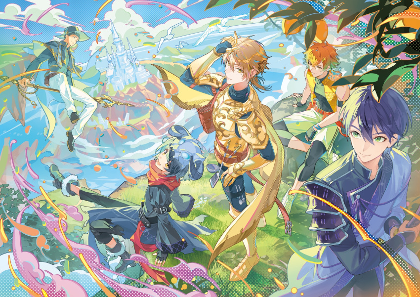 5boys, animal_on_shoulder, ankle_boots, arm_strap, arm_support, arm_up, armor, armored_boots, belt, belt_pouch, ben-day_dots, bikkusama, bird, black_belt, black_leggings, blonde_hair, blue_capelet, blue_sky, boots, bracelet, breastplate, brown_belt, cape, capelet, closed_mouth, clouds, coat, collared_capelet, colored_shoe_soles, colored_smoke, crossed_bangs, fantasy, figure_four_sitting, fingerless_gloves, flying, fork, fur-trimmed_boots, fur_trim, fushimi_gaku, gauntlets, gloves, gold_armor, gold_trim, gradient_hair, grass, green_eyes, green_hair, green_hat, green_shirt, green_shoes, grey_boots, grey_gloves, grey_hair, grey_pants, hair_between_eyes, hair_ornament, hand_on_own_head, hand_on_own_hip, hat, high_heel_boots, high_heels, highres, horns, japanese_armor, jewelry, kenmochi_touya, kirin-chan_(usami_rito), ladle, leggings, leggings_under_shorts, lightning_bolt_hair_ornament, lightning_bolt_symbol, long_bangs, long_sleeves, looking_at_another, looking_at_viewer, looking_back, looking_to_the_side, low_ponytail, male_focus, mashiro_meme, mole, mole_under_eye, multicolored_hair, multiple_belts, multiple_boys, nijisanji, official_alternate_costume, official_art, orange_eyes, orange_hair, ornate_armor, outdoors, palace, pants, pauldrons, plant, plate_armor, ponytail, pouch, purple_hair, red_belt, red_scarf, scarf, screentones, second-party_source, shirt, shoes, short_hair, shorts, shoulder_armor, sitting, skull_on_head, sky, smile, smoke, sode, spatula, spoon, standing, torn_clothes, torn_coat, usami_rito, variant_set, very_short_hair, vest, virtual_youtuber, white_bird, white_coat, white_pants, white_shoes, white_shorts, wide_brim, wide_sleeves, yashiro_kizuku, yellow_cape, yellow_eyes, yellow_vest